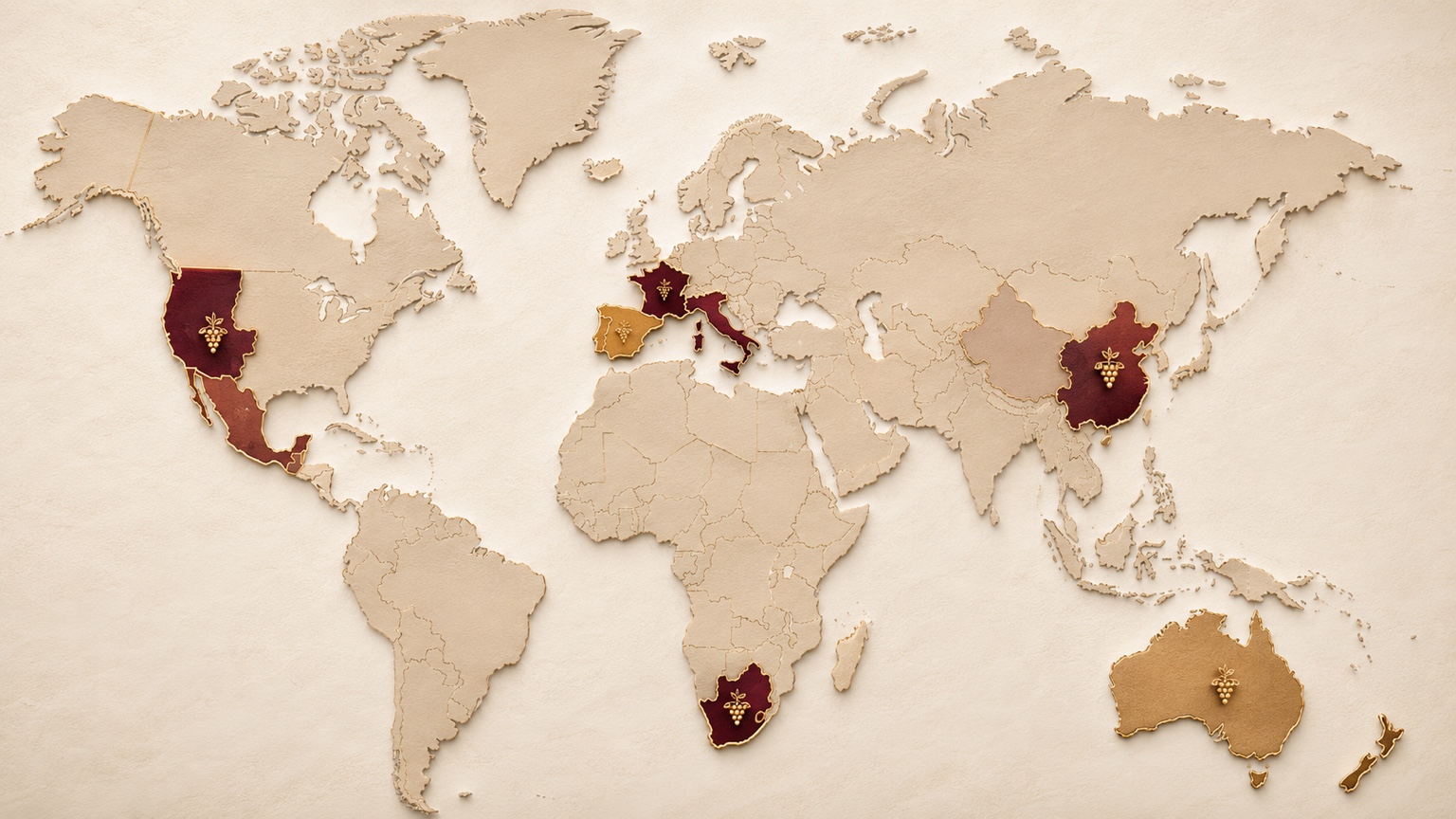 World map highlighting international wine regions