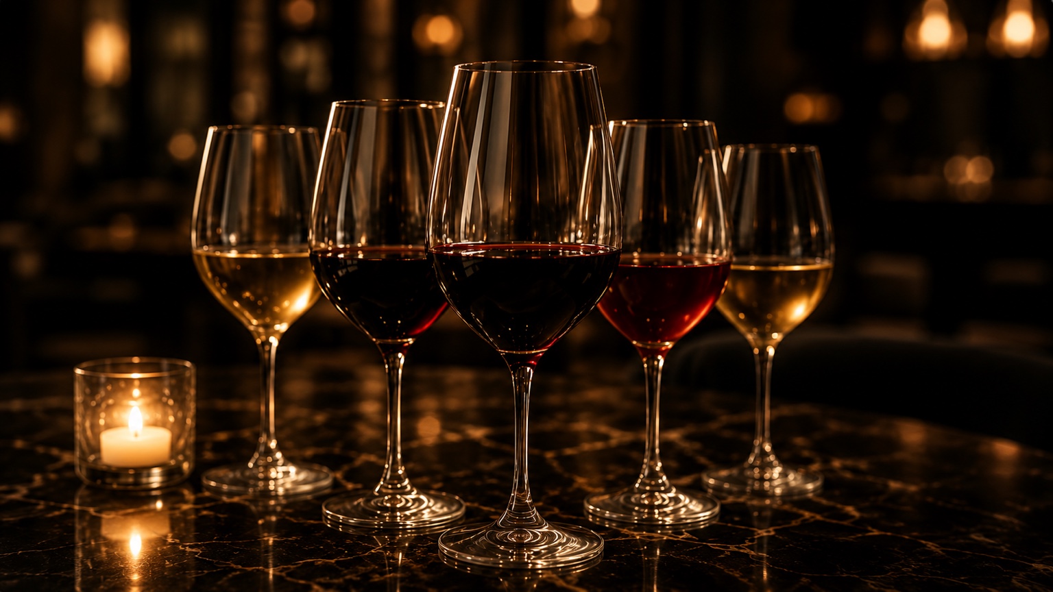 A candlelit arrangement of red, rosé and white wine glasses
